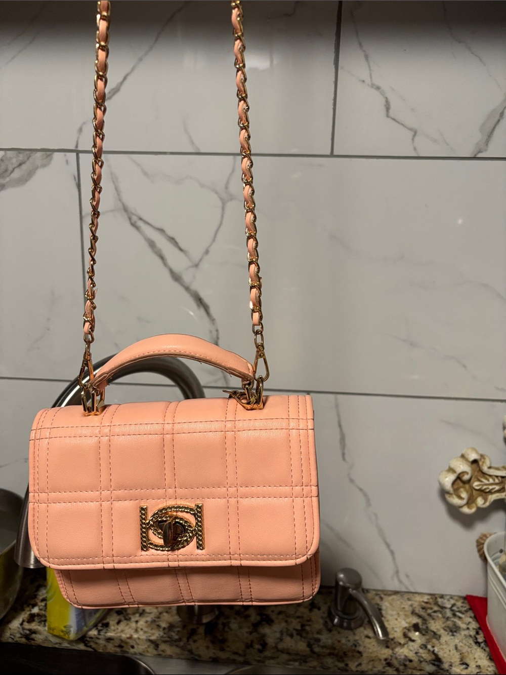 bebe Quilted Blush Shoulder Bag with Gold Hardware